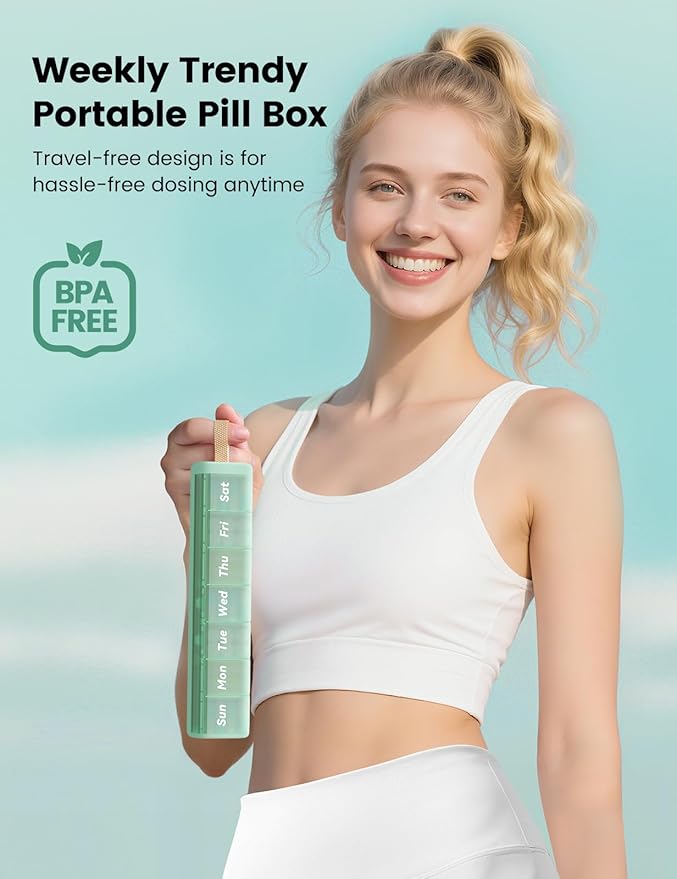 Weekly Medicine Pill Organizer, 7 Day Daily Pill Box Case Travel with Portable Handle, Moisture-Proof Desiccant & Secure Hinges for Vitamins, Medication Supplements