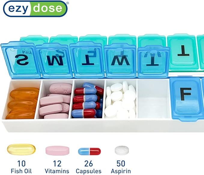 EZY DOSE Weekly (14-Day) Pill Organizer, Vitamin and Medicine Box, Large Snap Compartments, Easy-To-Open, BPA Free, Blue and Green