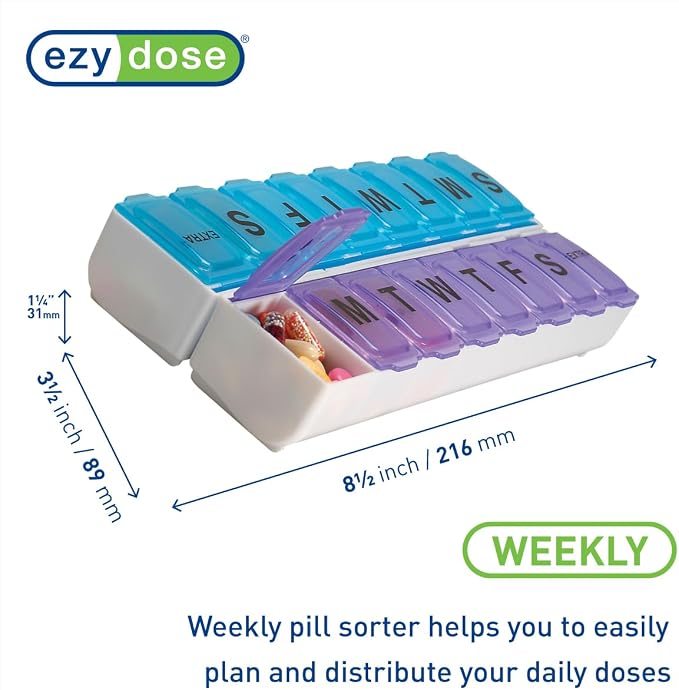 EZY DOSE Weekly (14-Day) Daily Pill Case, Medicine Planner, Vitamin Organizer, Supplement Container, 2 Detachable Weeks + Extra, Large Snap Compartments, Easy Open, Blue and Purple, BPA Free