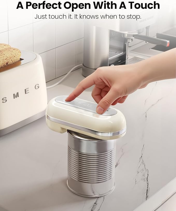 Canslab Retro Rechargeable LED Battery Track Electric Can Opener Auto Stop | True One-Touch, Wall-Mountable Small Size, Side Cut Smooth Edge, Rechargeable, for Seniors with Arthritis, White