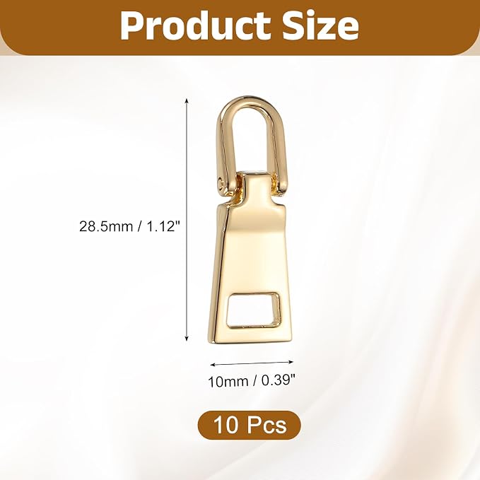 uxcell 10pcs Zipper Pull, 1.12 Inch Zinc Alloy Zip Puller Zipper Pull Replacement Sewing Zippers Tapes for Luggage Clothing Jackets Backpacks Boots, Gold