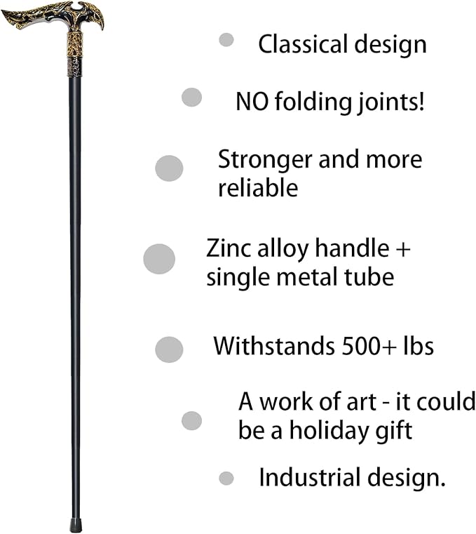 Walking Cane for Men & Women & Seniors - 36.5 Inch Heavy Duty 500+ lbs Capacity, Ergonomic Handle, Ornate & Decorative, Elegant Matte Black & Silver Metal Cane with Goth & Gothic Aesthetic