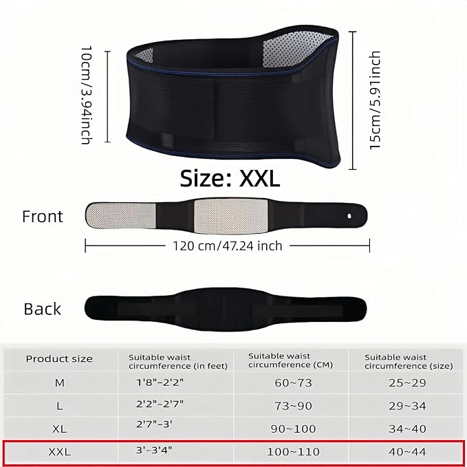 Self heating lumbar support strap suitable for both men and women - adjustable back support with thermal therapy, used to relieve lumbar discomfort, posture support (XXL)