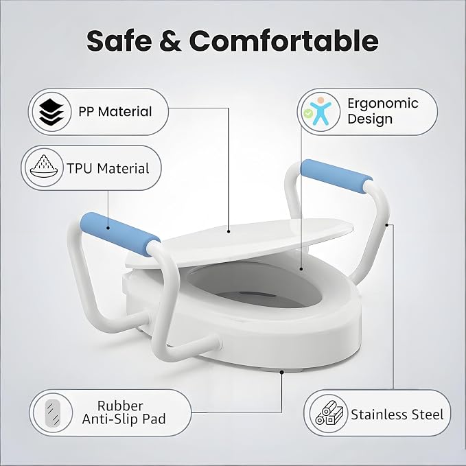 Toilet Seat Riser with Handles, 395lb Heavy-Duty Elevated Toilet Seat Elongated - 2.91" Raised V-Shaped Toilet Seat with Arms, Quick Release, Soft Close, Non-Slip, Universal Fit for Bathroom Safety
