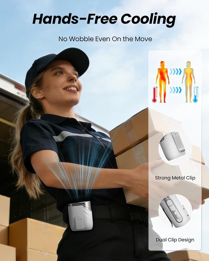 SWEETFULL Portable Fan Rechargeable - 5-oz Mini Hands-Free Personal Fans for Neck Waist, 100 Speed Turbo Airflow, Wearable Clip on Shirt Belt Fan for Body with LED Light, Travel Work Outdoor (White)
