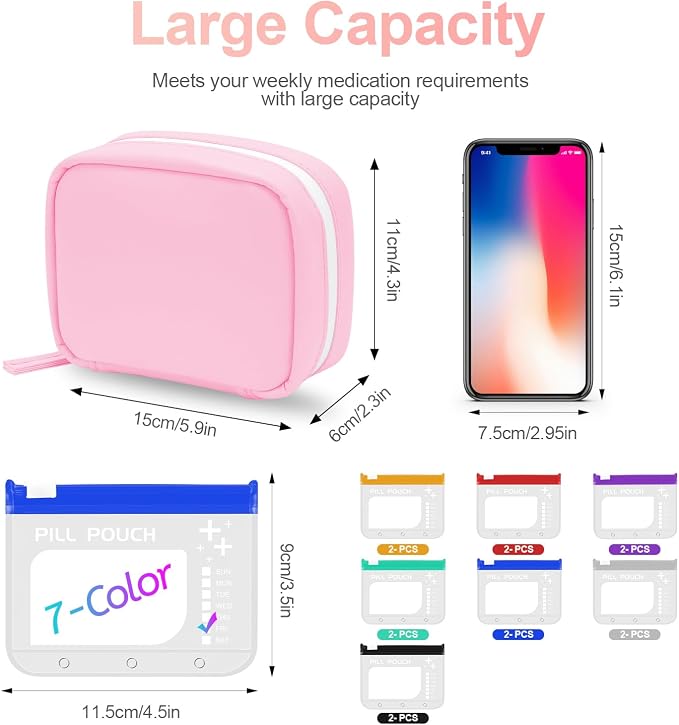 A8 Waterproof Pill Organizer Set, Twice-Daily Large Pill Organizer for Seven Days, Pill Storage with 14 Color-Coded Pouches, Reusable Travel Medicine Organizer