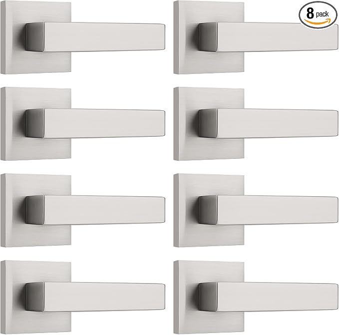 KNOBWELL 8 Pack Satin Nickel Dummy Door Handles Inactive Door Levers Interior Door Knobs for Closet/Hallway/Pantry Decorative Door Handles(One Side)