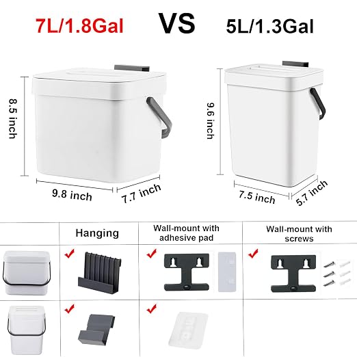 LALASTAR Trash Can with Lid, Wall-Mounted Under Sink Small Garbage Can for Kitchen, Bathroom, Hanging Plastic Trash Can, 1.8 Gallon, White
