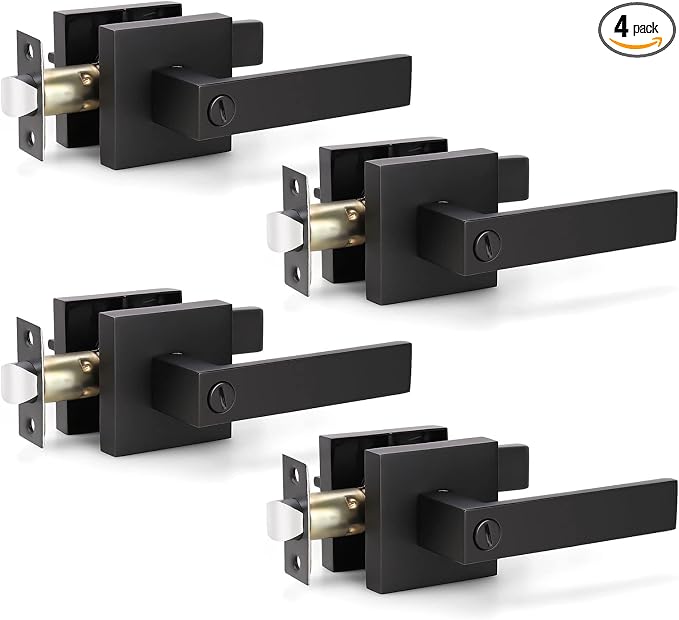 KNOBWELL Matte Black Door Handles 4 Pack, Levers Privacy Door Knobs, Interior Door Handles for Bedroom/Bathroom, Reversible for Left and Right