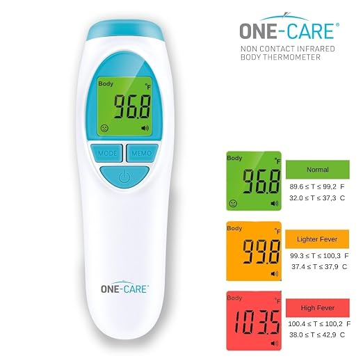ONE-CARE Infrared Thermometer HTD8813C, Non-Contact, Forehead & Room | Homedics Thermometer, High Accuracy, Fast Reading, Body & Room Temp, Newborn Baby to Adult, Fever Alarm, Large Display