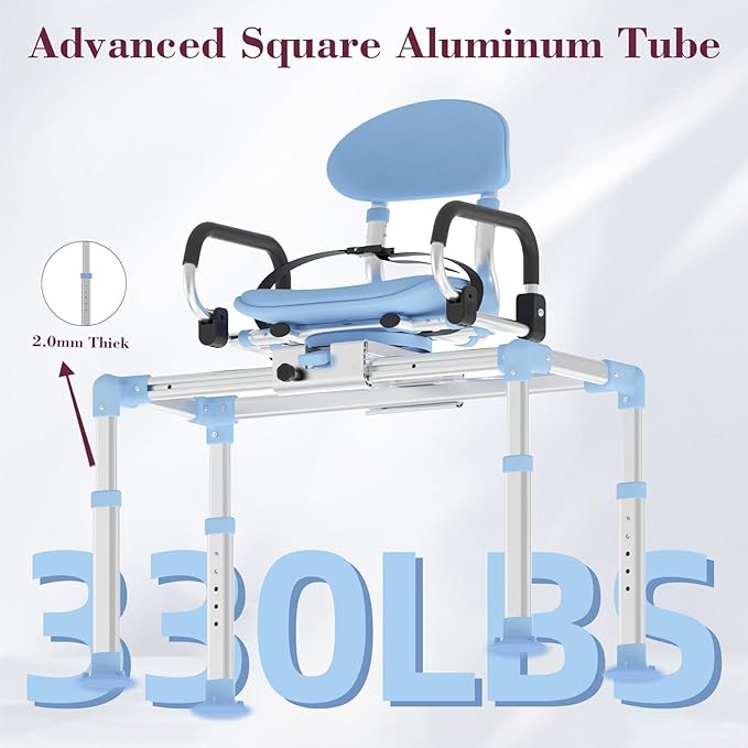 Sliding Shower Chair with 360°Swivel Seat, Adjustable Height & Backrest Shower Chair Tub Transfer Bench with Safety Belt, Pivoting Armrests Swivel Shower Chair for Elderly, 330 Lb Capacity Blue