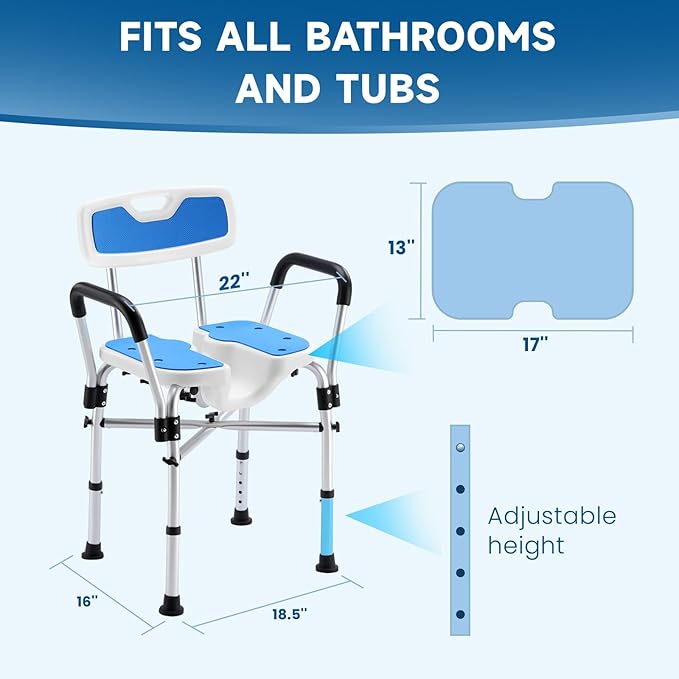 U-Shape Seat Shower Chair for Elderly and Disabled, 600lbs Heavy Duty, Aluminum Alloy, Blue