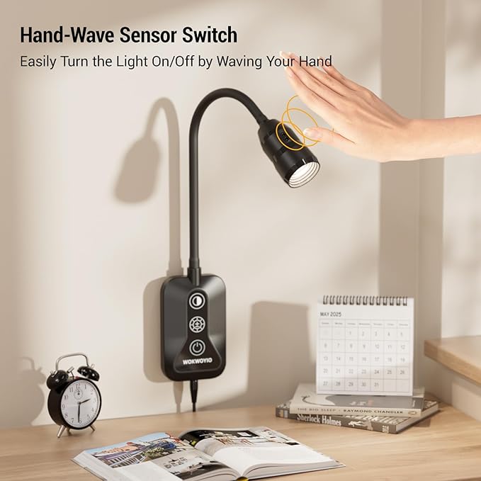 Wall Mounted Reading Light with Hand Sweep Sensor Switch, Book Light for Reading with USB Output, 5 Color & Brightness Dimmable Wall Lights for Bedroom, Wall Lamp with Flexible Neck-Black 1 Pack