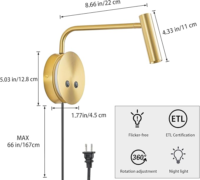 Gold Wall Mounted Reading Light, 3000K Flexible Headboard Reading Sconces with On Off Switch Control, Plug in/Hardwired Wall Light Fixtures with Night Light for Bedside Bedroom Bunk
