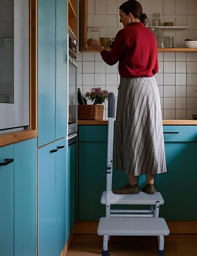 Heavy Duty 2 Step Stool with Adjustable Handrail - 5 Kinds of Height Adjustable, for Seniors Elderly, Adults and Others who Need Extra Help, Can Withstand 400 Pounds