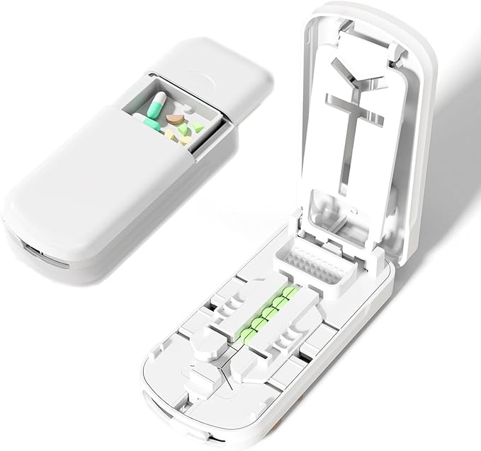 Portable Dual-Blade Pill Cutter and Crusher, Precision Half, Third and Fourth Tablet Splitter with Silicone Grip and Safety Lock for Small, Tiny or Large Pills, Upgraded Version