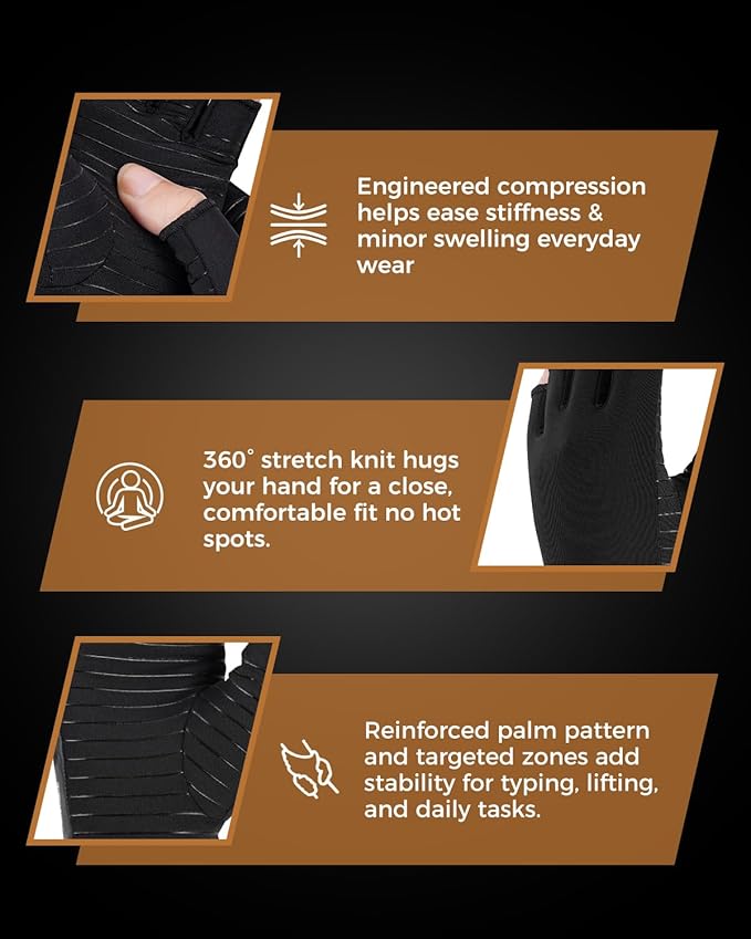 Copper Compression Gloves for Arthritis - Open Finger, Set of 2 Pairs (4 Gloves) - For Men & Women, Hand Support for Typing & Daily Wear, Helps Ease Stiffness & Swelling