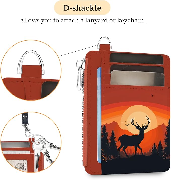 Hancynir Sunset Deer Slim Wallet Women Credit Card Holder, Small RFID | Zipper Pocket Wallet, Thin Travel Coin Purse, PU Leather, Minimalist Card Case, 6 Card Slots, ID Window, Ladies Women Gifts