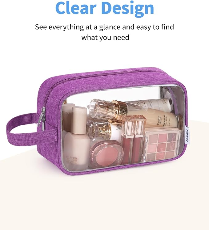 Narwey Clear Travel Toiletry Bags for Traveling Toiletries Men Women, Clear Makeup Bag Cosmetic Bag with Zipper, Make Up Pouch Organizer Bag with Handle, Skincare Beach Snack Medicine Bag, Purple