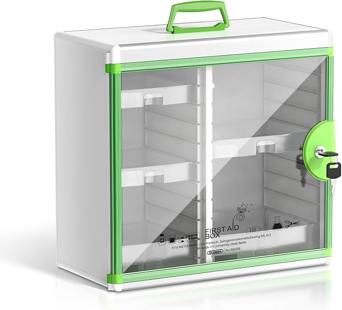 Glosen Lockable Medicine Cabinet with 5 Removable Trays, Wall Mounted & Portable Locking Medicine Cabinet Organizer with Key Lock for Home, Bathroom, Office - Aluminum Alloy Frame(13.6x13.4x6.5Inch)