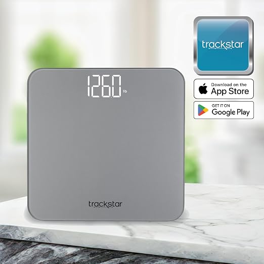 Trackstar Silver Digital Weight Scale | 440 lb Weight Capacity | Trackstar Monitoring App | Bluetooth iOS & Android Compatible | Measure, Track, and Share Results