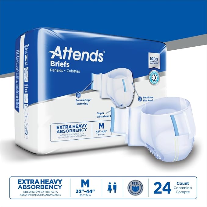 Attends Adult Incontinence Disposable Briefs, Medium, 32"-44" Waist with SecureGrip Tab Closure, Extra Heavy Absorbency with Super Absorbent Core and Breathable Side Panels, 24ct Bag