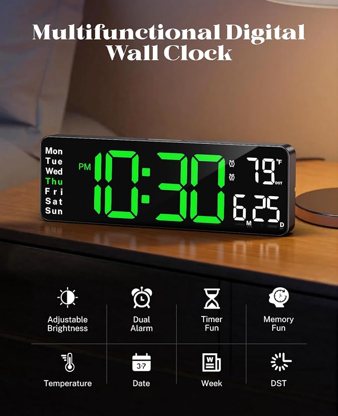 Digital Wall Clock for Classroom, 13" Digital Clock Large Display | Big Led Wall Clocks with Remote Control,Date,Week,Alarm,Temp &DST for Bedroom,Living Room,Gym,Office