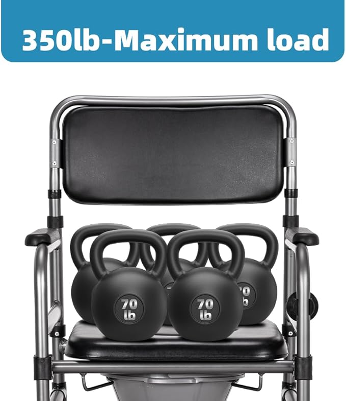 Bedside Commode Chair Foldable Height-Adjustable Toilet Chair with PU Seat 3" Locking Wheels,400lbs Capacity, 22.8-40.6" Adjustable Foldable Shower Chair (Toilet-Round)