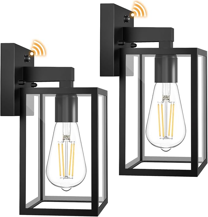 2 Pack Dusk to Dawn Outdoor Wall Light Fixtures, Exterior Porch Light, Waterproof Wall Sconces Lanterns, Sensor Lighting Wall Mount for House Doorway Garage, Black
