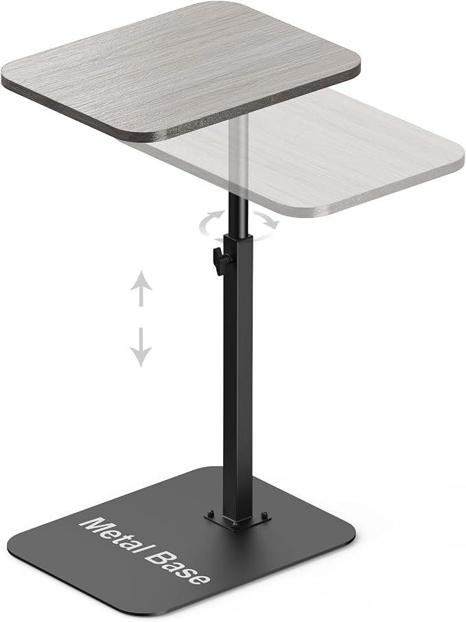 Side Table Sofa Tray for Couch Heavy Metal Base Swivel/Adjustable Height | Sofa Bed Bathroom Study TV Tray C Shaped End Table Food Snack Trays for Eating