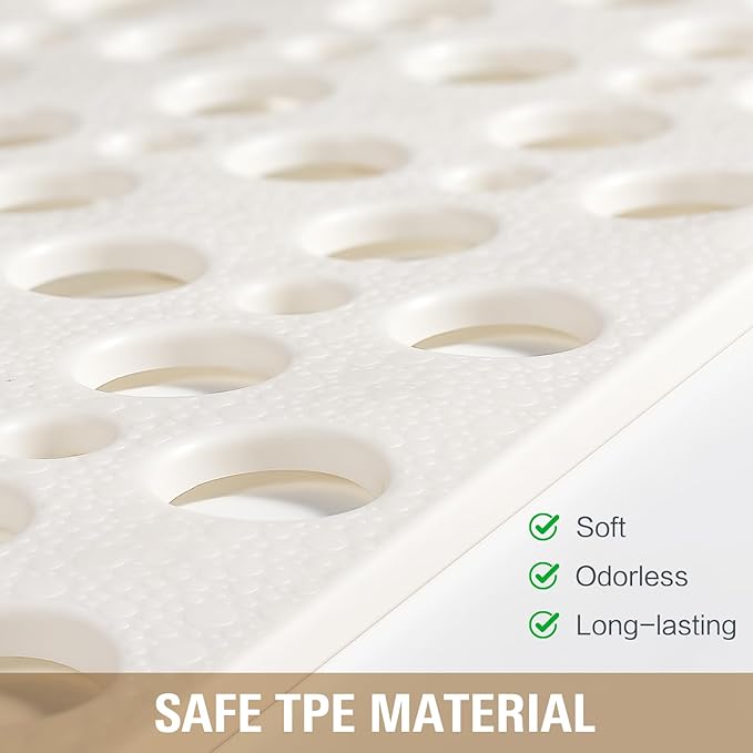 OTHWAY Large Shower Mat, 35"x 24" TPE Anti Slip Shower Mat, Heavy Bath Mats for Shower with Drain Holes Suction Cups, Shower Stall Mat for Bathroom, No Odor Shower Grip Mat for Elderly Kids(W-White)