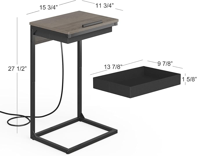 sthmec C Shaped End Table with Charging Station,45° Tiltable Adjustable Flip Top Side Table Set of 2,Small C Table Set 2 for Small Spaces,Slide Under Couch Sofa Bedside Table Living Room,Grey