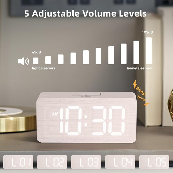 uscce Wooden Digital Alarm Clocks for Bedrooms with 0-100% Dimmable Display | Desk Clock with Large Numbers for Living Room - Loud Dual Alarm for Heavy Sleepers with Volume Control - Wood Decor & Gifts