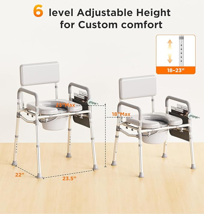 Bedside Commode Toilet, Padded Seat & Backrest, Height Adjustable Aluminum Potty Chair | 350lb, Tool-Free Assembly, Removable Bucket, Portable Toilet for Adults & Seniors