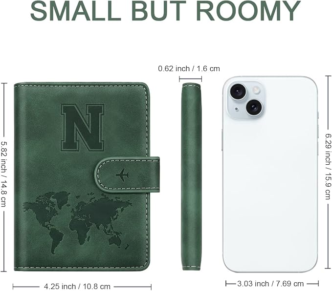 Passport Holder Wallet Cover Personalized Initial Travel Essentials | Embossed Letter A-Z Design, Travel Wallets, RFID Blocking, Passport Book Holders, Women and Men, Personalized Gifts, Green-N