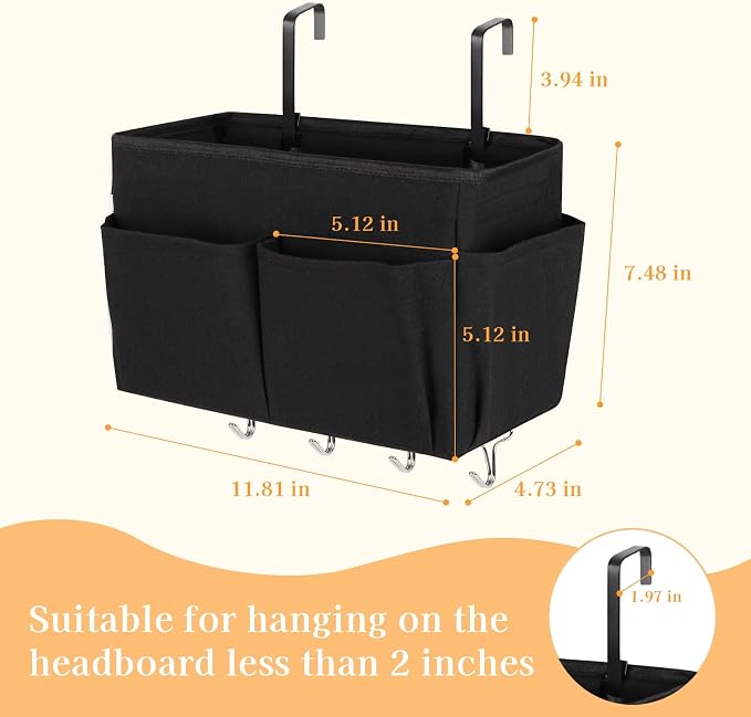 Bedside Caddy Organizer 5 Pockets and 4 Hooks for Bunk Bed Black | Hanging Storage Bag for Headboards