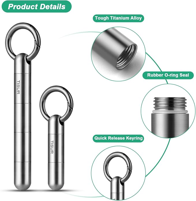 TISUR Small Keychain Pill Holder, Titanium Pill Case Waterproof Pill Fob for Travel Purse Pocket Pill Container Box,Small Pill Organizer | Waterproof Pill Fob,Portable Pill Box Container,Purse Pill Organizer Tube