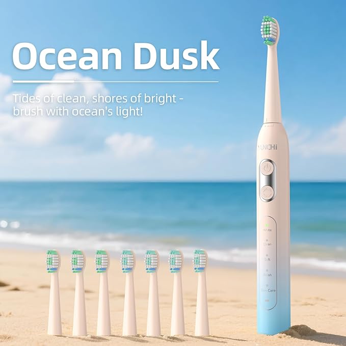 YUNCHI Electric Toothbrush Birthday/Valentine Plastic 8 Dupont Heads 24-Mo Deep Cleans Gentle Gums Removes Stains 3Hr USB-C 90d 2-Min Timer/30s IPX7 - Yellow Blue