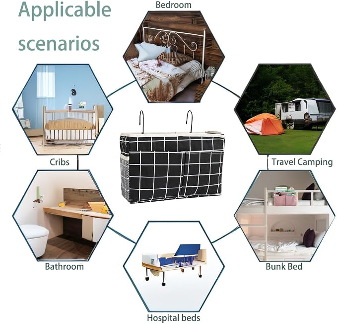 Bedside Caddy Bedside Hanging Storage Basket Multi-Function Organizer Caddy for Bunk and Hospital Beds Dorm Rooms Bed Rails, Can be Placed Glasses Books Mobile Phones（Black Grid）