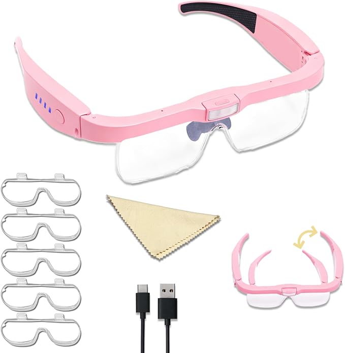 Professional Hands-Free Headset Magnifying Glasses with LED | 5 detachable lenses (0.75X-4.0X), rechargeable design, ideal headband magnifier for close work, jewelry & crafts