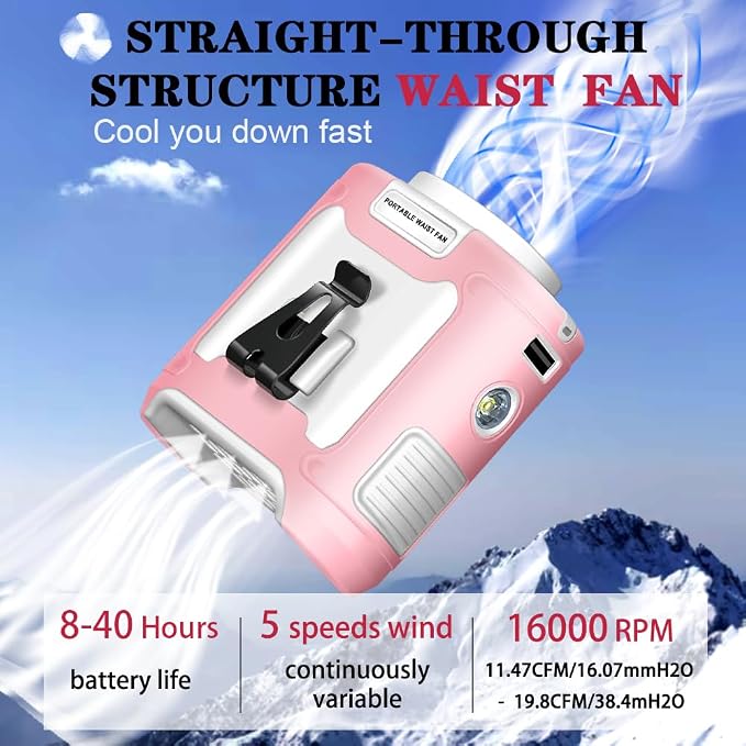 CAZOKASI 2024 Upgrade 10000mAh Waist Clip Portable Personal Body Fan - Powerful Upto 40H Cooling and Heatstroke Prevention (Gray and Orange, Pink White)