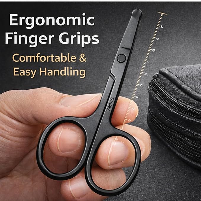 Premium Nose Hair Scissors, Ear and Nose Hair Trimmer Clipper, Curved Safety Blades with Rounded Tip for Trimming (Black)