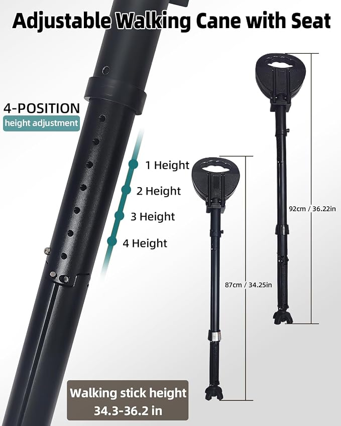 Portable Walking Cane with Seat, Adjustable 34"-37" Foldable Lightweight Aluminum Anti-Slip Walking Stick for Men & Women, 550 Lbs Cane with Chair for Travel Hiking with Carry Bag