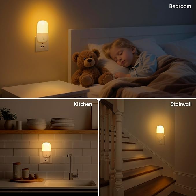 LED Night Light Plug into Wall, 4 Pack Dusk to Dawn Sensor Nightlight with Retractable Plug & 3 Adjustable Brightness, Dimmable 3000K Warm Lights for Adults Kids Bedroom Stair Hallway Kitchen