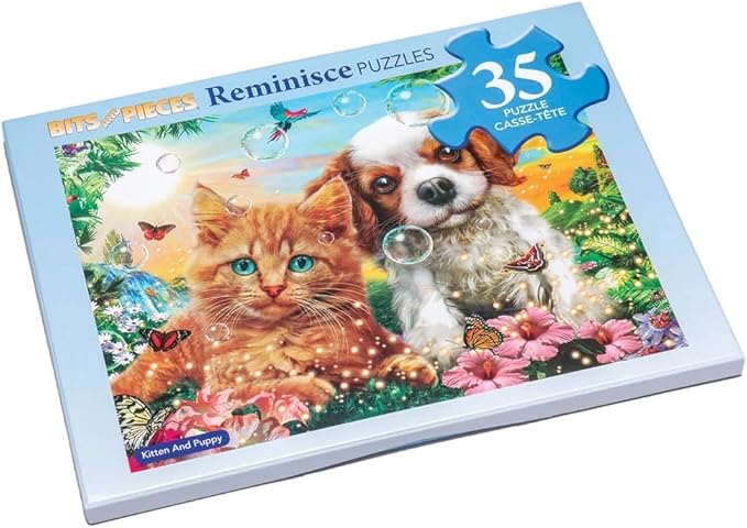 Bits and Pieces Value Set of 3 Large Piece Puzzles for Seniors, 10 in. x 13 in. Winter Cabin, Train, Kitten & Puppy - 35 pc Extra Large Pieces Puzzles for Dementia Seniors, Alzheimer Puzzle
