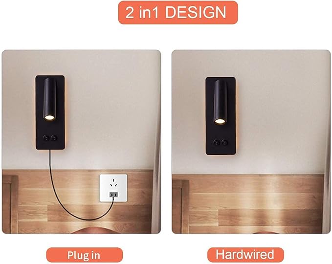 LED wall lamp and reading light two-in-one multifunctional wall sconces. LED Wall Lamp Plug in for Bedroom Bedside Wall Sconces Set of Two Black Reading Light 3W+6W Night Light 3000K(BLACK)