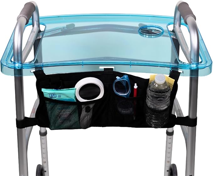 StrongArm Clear View Walker Tray + Bag + Non-Slip Mat & Cup Holder, Tray for Folding Walkers, Food Tray, Walker Accessories, Tray Table for Standard Adult Walkers (Blue)