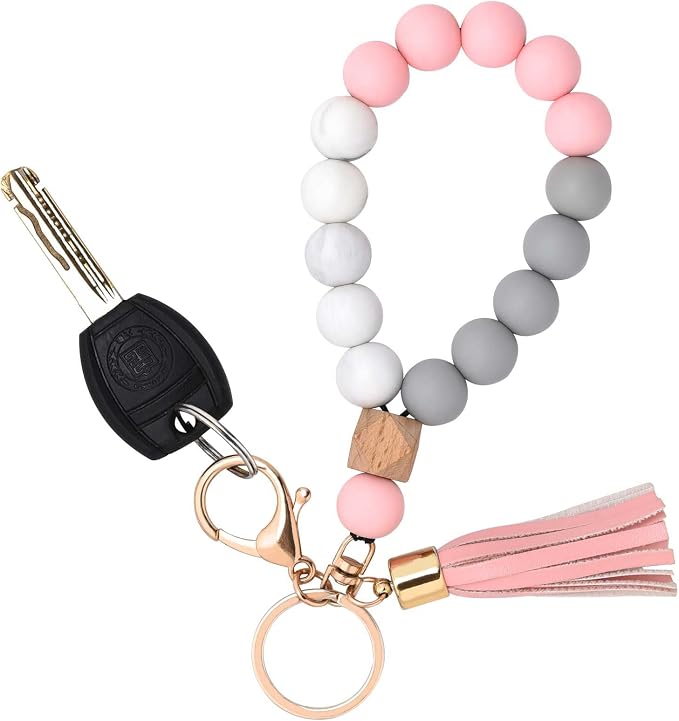 BAOSIWA Silicone Key Ring Bracelet Wristlet Keychain Unique Beaded Bangle Key Chains for Women with Leather Tassel