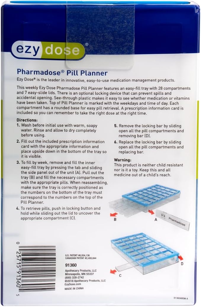 EZY DOSE Pill Organizer Weekly (7-Day), Medicine Planner, Vitamin Case/Box, Medium Compartments with Easy Fill Tray, 4 Times a Day, Easy to Use Containers, Clear Lids, Blue, BPA Free