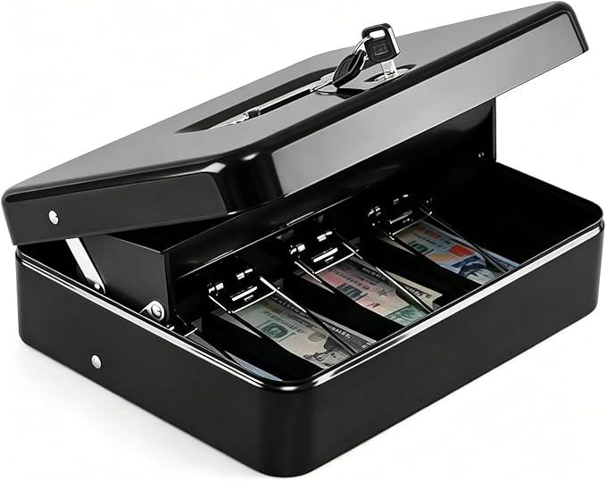 KYODOLED Cash Box with Top Key Lock–0.7mm Metal Money Box for Flea Market Vendors, Craft Fairs & Small Business, Portable Cash Drawer with Auto-Pop Coin Tray & Windproof Bill Clips (11.8", Black)